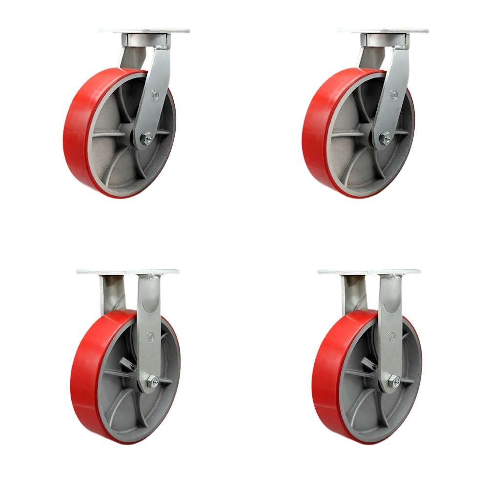 10 Inch Swivel Top Plate Caster Set Extra Heavy Duty Casters with Red Poly on Cast Iron Wheels-Include 2 Swivel and 2 Rigid-Casters Set of 4 Heavy Duty-12,000lbs. Total Capacity-Service Caster Brand — photo 1