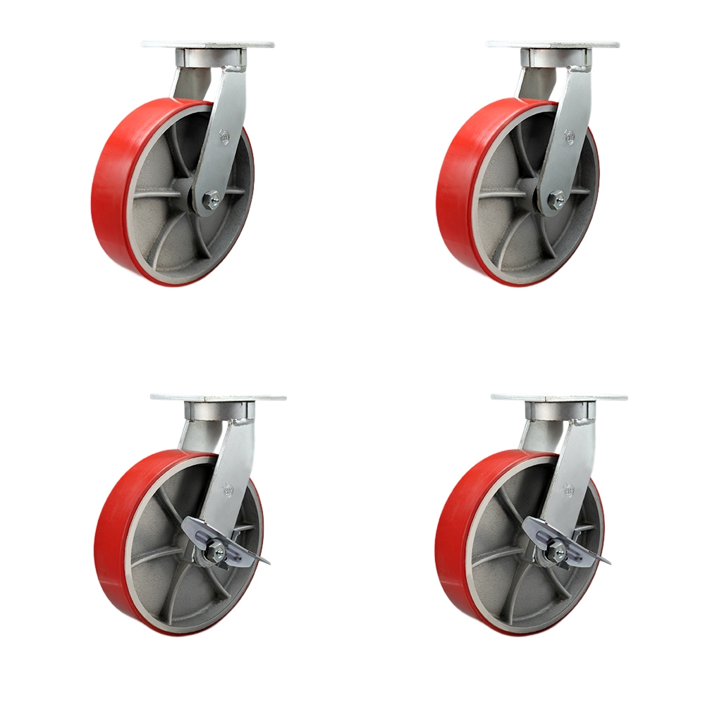 Extra Heavy Duty 10” x 3” Red Poly on Cast Iron Swivel Caster Set for Cranes, Gantries, Hoists, and Winches - 4 Swivel with 2 Side Lock Brakes -3,000 lbs Per Caster–Set of 4 - Service Caster Brand — photo 1