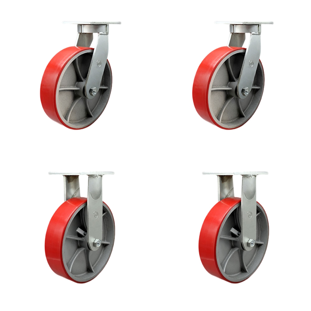 10 Inch Swivel Top Plate Caster Set Extra Heavy Duty Casters with Red Poly on Cast Iron Wheels-Include 2 Swivel with Bolt on Swivel Locks and 2 Rigid-Casters Set of 4 Heavy Duty-Service Caster Brand — photo 1