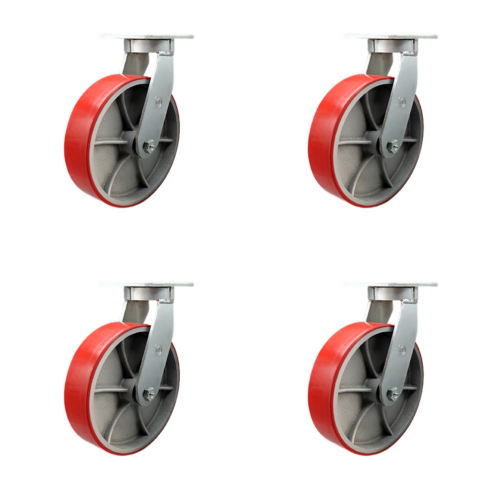 10 Inch Swivel Top Plate Caster Set Extra Heavy Duty Casters with Red Polyurethane on Cast Iron Wheels-Includes 4 Swivel with 2 Bolt on Swivel Locks-Casters Set of 4 Heavy Duty- Service Caster Brand — photo 1