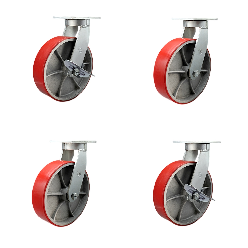 10 Inch Swivel Top Plate Caster Set Extra Heavy Duty Casters with Red Poly on Cast Iron Wheels - Includes 2 Swivel with Bolt on Swivel Locks and 2 Swivel with Brakes -Set of 4 - Service Caster Brand — photo 1