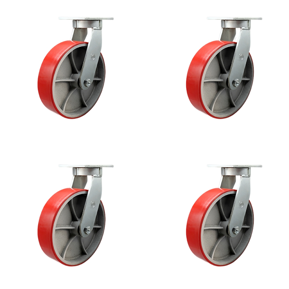 10 Inch Swivel Top Plate Caster Set Extra Heavy Duty Casters with Red Polyurethane on Cast Iron Wheels - Includes 4 Swivel with Bolt on Swivel Locks-Casters Set of 4 Heavy Duty- Service Caster Brand — photo 1
