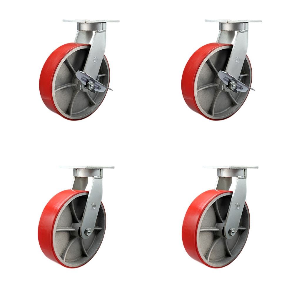10 Inch Swivel Top Plate Caster Set Extra Heavy Duty Casters with Red Poly on Cast Iron Wheel-Include 2 Swivel w/Brake and Bolt on Swivel Lock and 2 Swivel w/Bolt on Swivel Lock-Service Caster Brand — photo 1