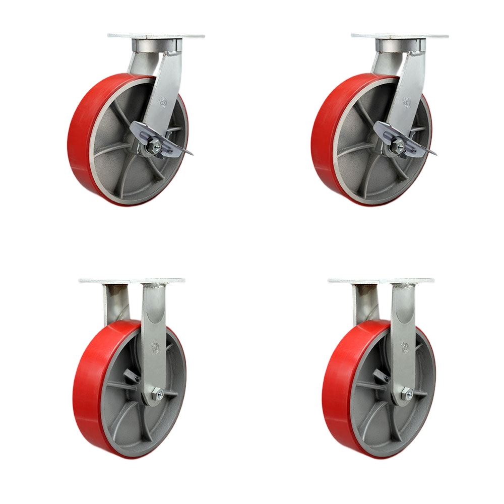 Extra Heavy Duty 10” x 3” Red Poly on Cast Iron Swivel Caster Set for Cranes, Gantries, Hoists, and Winches - 2 with Brake and Swivel Lock/2 Rigid-3,000 lbs Per Caster-Set of 4- Service Caster Brand — photo 1