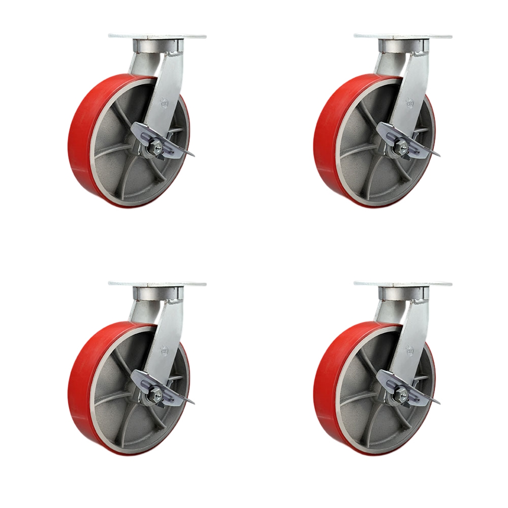 10 Inch Swivel Top Plate Caster Set Extra Heavy Duty Casters with Red Poly on Cast Iron Wheels -Includes 2 Swivel with Brakes and Bolt on Swivel Locks and 2 Swivel with Brakes - Service Caster Brand — photo 1