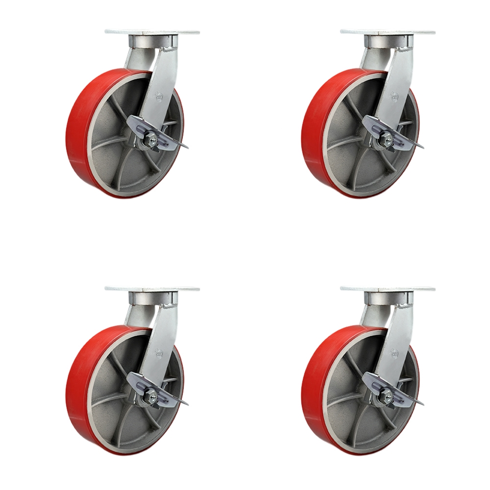 Extra Heavy Duty 10” x 3” Red Poly on Cast Iron Swivel Caster Set for Cranes, Gantries, Hoists, and Winches-4 Swivel with Brakes and Bolt-On Locks-3,000 lbs Per Caster-Set of 4- Service Caster Brand — photo 1