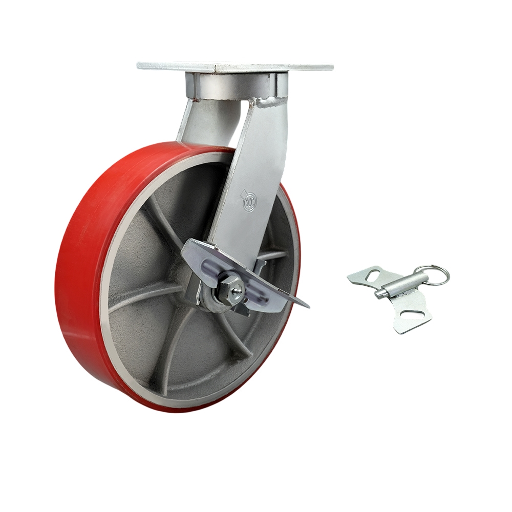 Extra Heavy Duty Kingpinless 10” x 3” Red Poly on Cast Iron Swivel Caster with Bolt on Swivel Lock and Brake for Cranes, Gantries, Hoists, and Winches – 3,000 lbs Per Caster - Service Caster Brand — photo 1