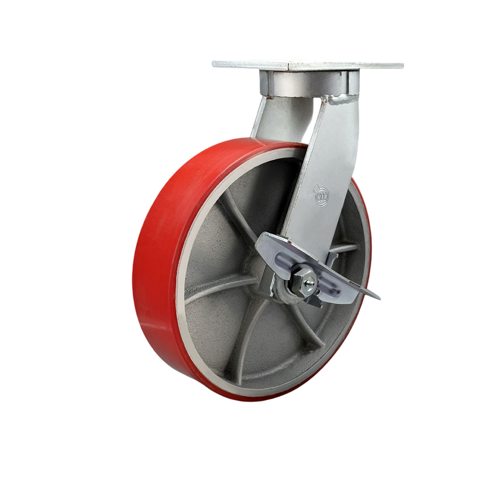 10 Inch Swivel Top Plate Extra Heavy Duty Caster with Red Poly on Cast Iron Wheel and Side Lock Brake- Heavy Duty Caster Wheel - Industrial Caster - 3,000 lbs. Capacity/Caster - Service Caster Brand — photo 1
