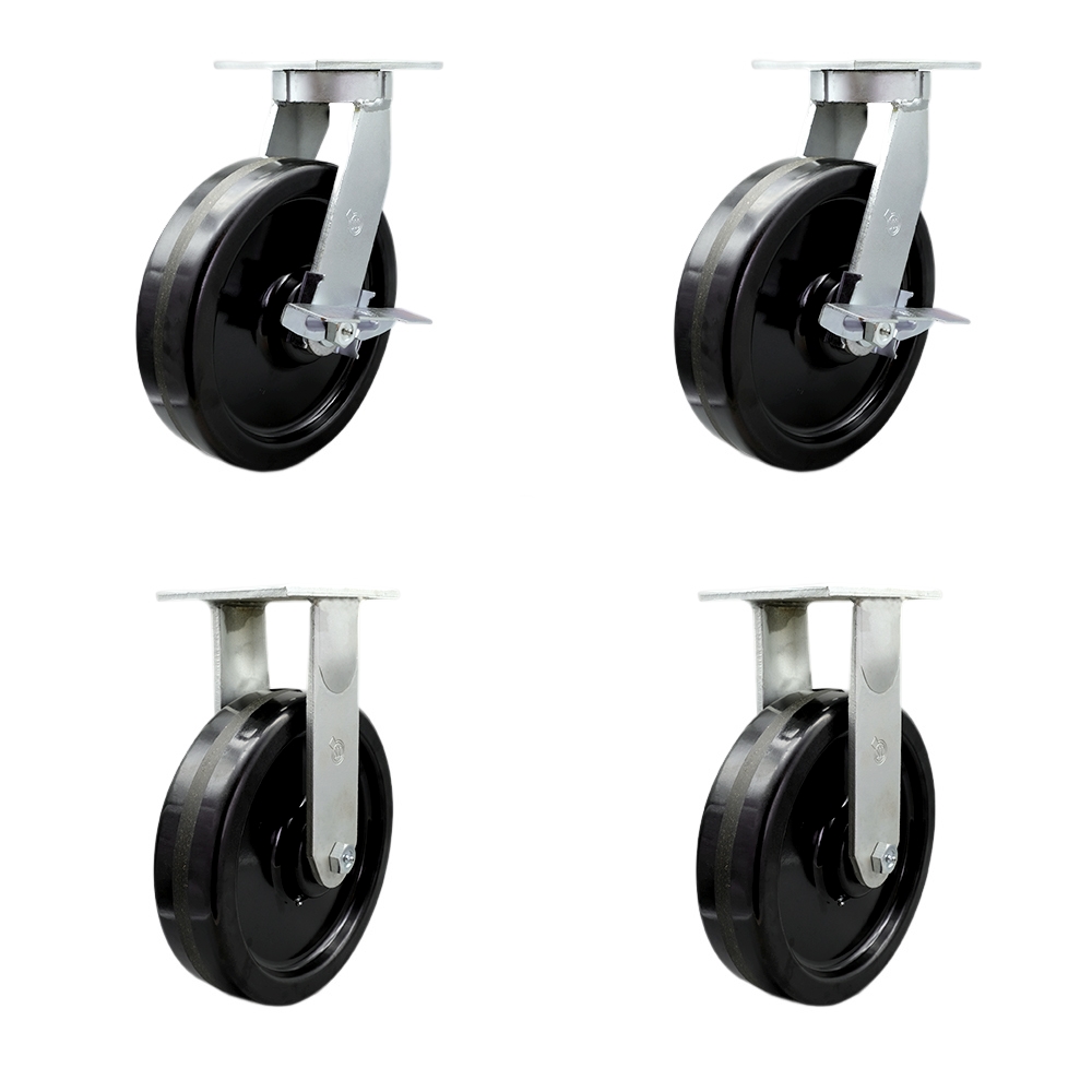 Extra Heavy Duty 12” x 3” Phenolic Swivel Caster Set for Cranes, Gantries, Hoists, and Winches - 2 Swivel with Side Lock Brakes and 2 Rigid Casters- 3,500lbs Per Caster-Set of 4 - Service Caster Brand — photo 1