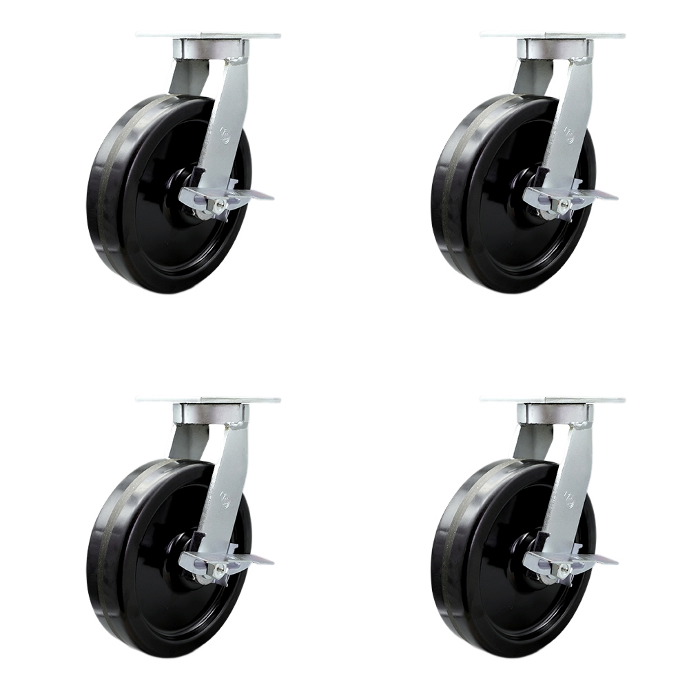 Extra Heavy Duty 12” x 3” Phenolic Swivel Caster Set for Cranes, Gantries, Hoists, and Winches - 4 Swivel Casters with Side Lock Brakes - 3,500 lbs Per Caster – Set of 4 - Service Caster Brand — photo 1