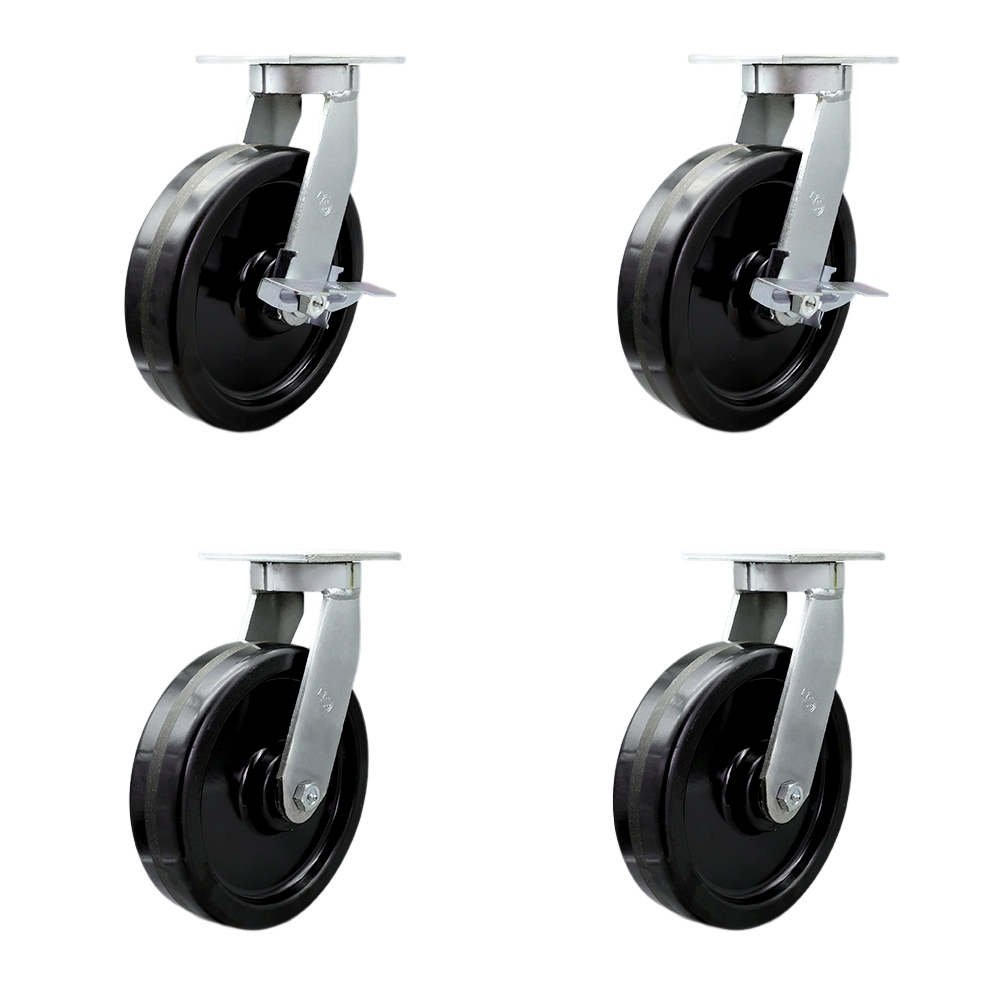 Extra Heavy Duty 12” x 3” Swivel Caster Set for Cranes, Gantries, Hoists, and Winches - 2 with Brake and Swivel Lock/2 with Swivel Lock - 3,500 lbs Per Caster - Set of 4 - Service Caster Brand — photo 1