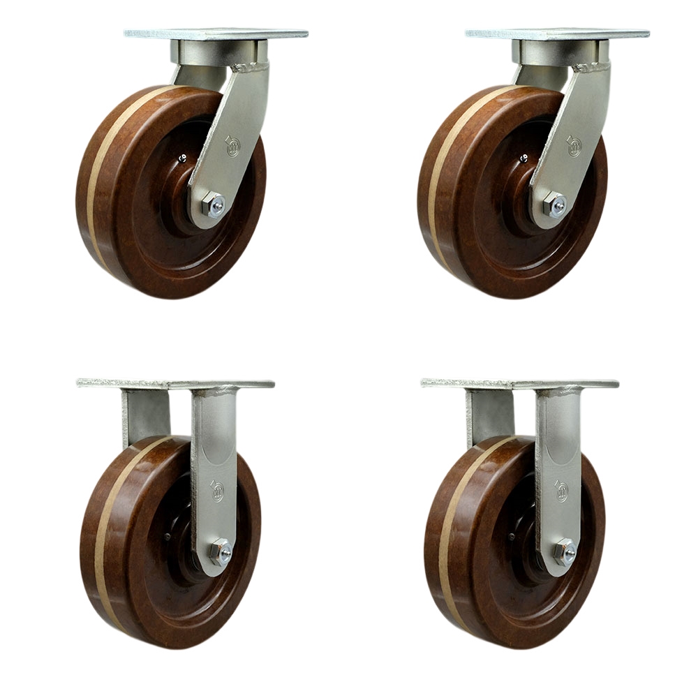 12 Inch Swivel Top Plate Caster Set Extra Heavy Duty Casters with High Temp Phenolic Wheels - Includes 2 Swivel and 2 Rigid-Casters Set of 4 Heavy Duty-14,000 lbs. Total Capacity- Service Caster Brand — photo 1