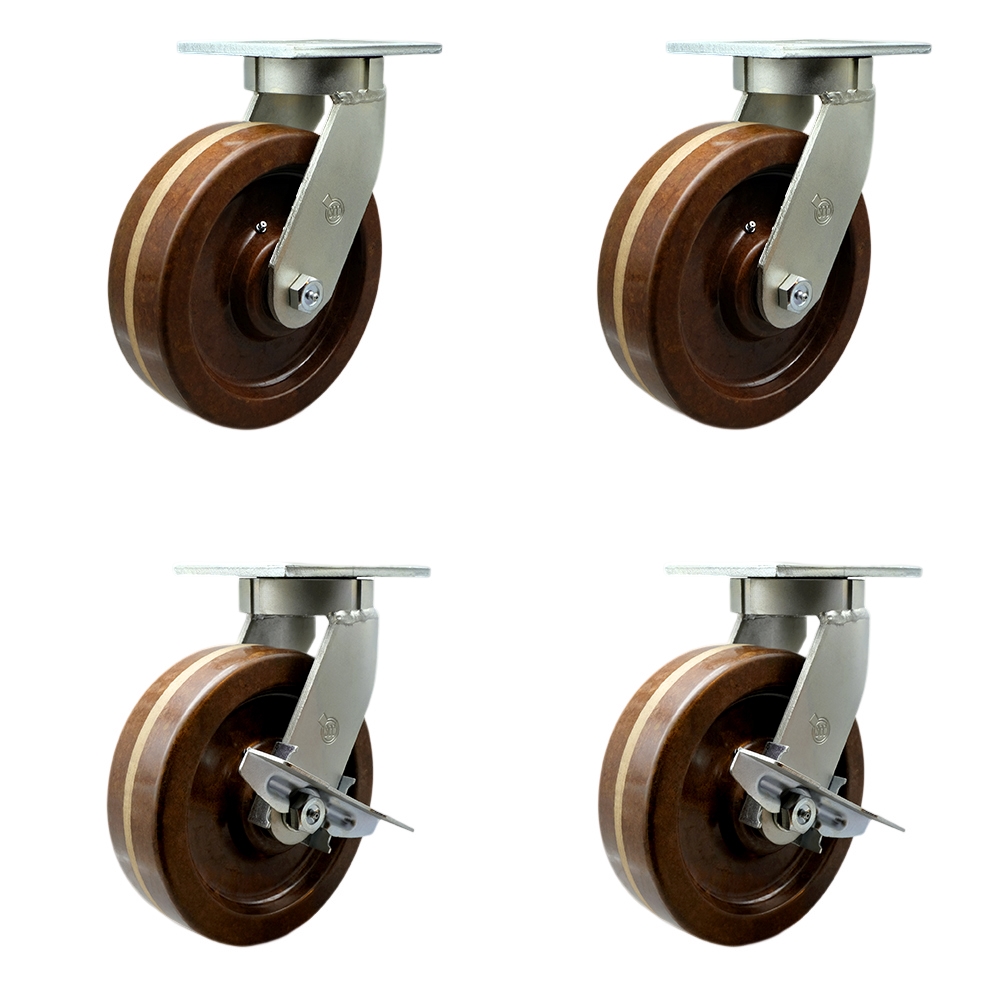 Extra Heavy Duty Kingpinless 12” x 3” High Temp Phenolic Swivel Caster Set for Cranes, Gantries, Hoists, and Winches-4 Swivel with 2 Side Lock Brakes-3,500 lbs Per Caster–Set of 4-Service Caster Brand — photo 1
