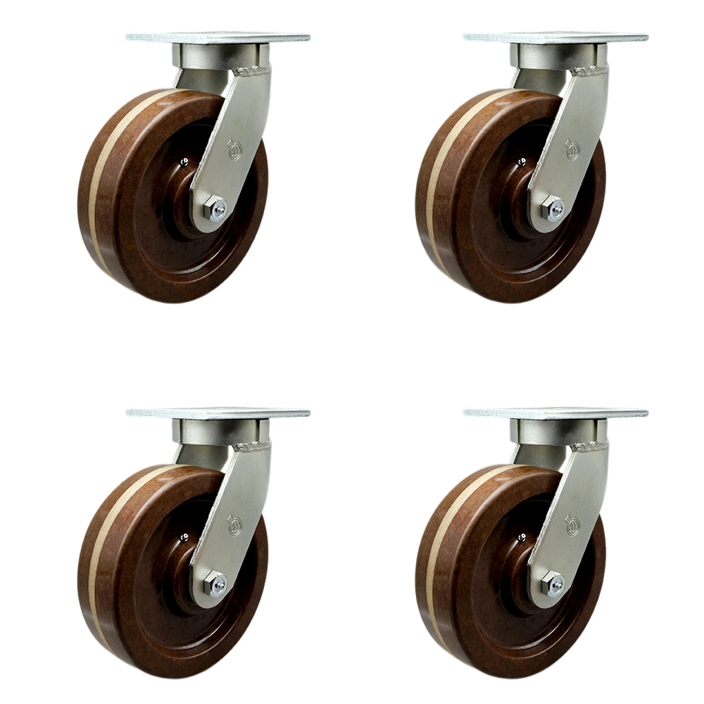 Extra Heavy Duty Kingpinless 12” x 3” High Temperature Phenolic Swivel Caster Set for Cranes, Gantries, Hoists, and Winches - 4 Swivel Casters - 3,500 lbs Per Caster – Set of 4 - Service Caster Brand — photo 1