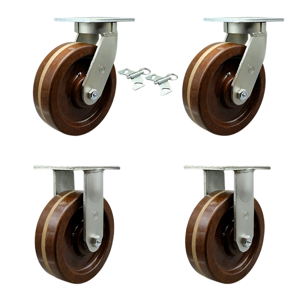 12 Inch Swivel Top Plate Caster Set Extra Heavy Duty Casters with High Temp Phenolic Wheels - Includes 2 Swivel with Bolt on Swivel Locks and 2 Rigid-Casters Set of 4 Heavy Duty - Service Caster Brand — photo 1