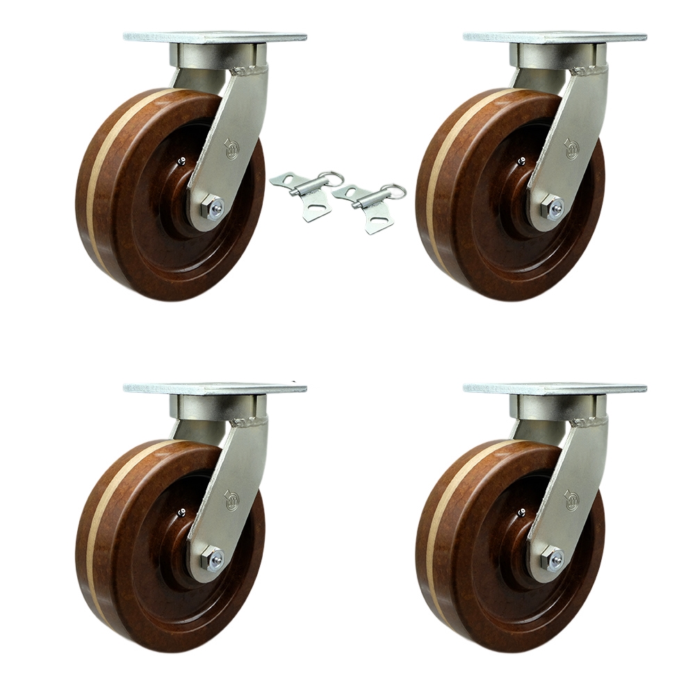 12 Inch Swivel Top Plate Caster Set Extra Heavy Duty Casters with High Temp Phenolic Wheels - Includes 4 Swivel with 2 Bolt on Swivel Locks - Casters Set of 4 Heavy Duty - Service Caster Brand — photo 1
