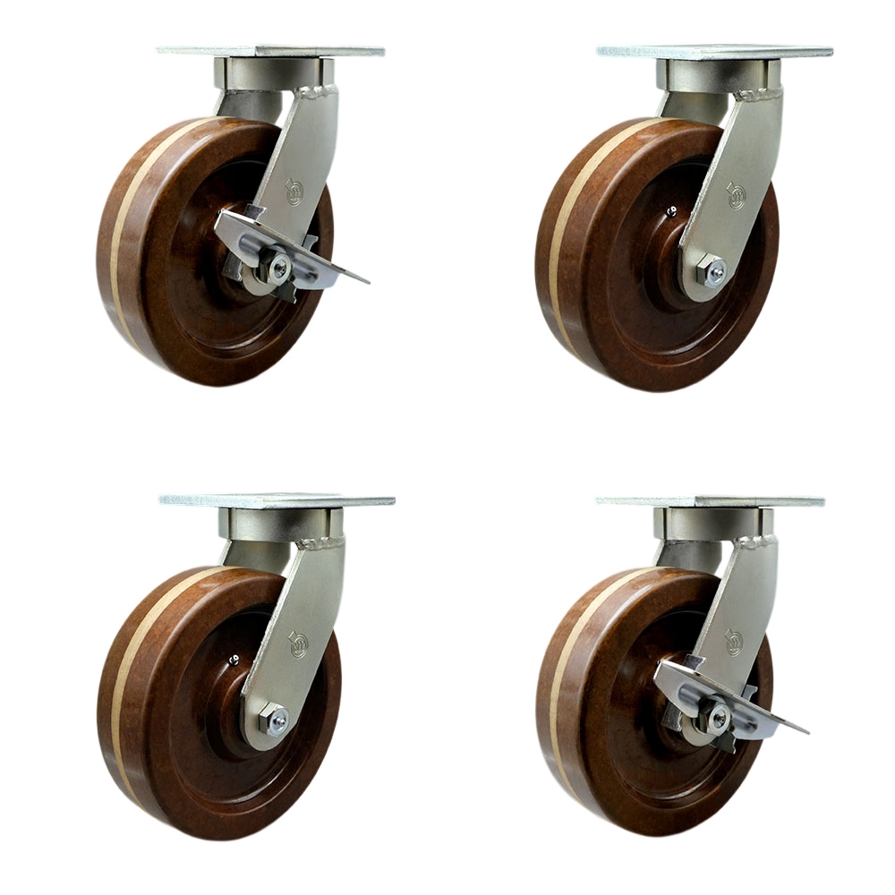 Extra Heavy Duty 12”x3” High Temp Phenolic Swivel Caster Set for Cranes, Gantries, Hoists, and Winches–2 with Swivel Locks and 2 with Side Lock Brake-3,500 lbs Per Caster–Set of 4-Service Caster Brand — photo 1