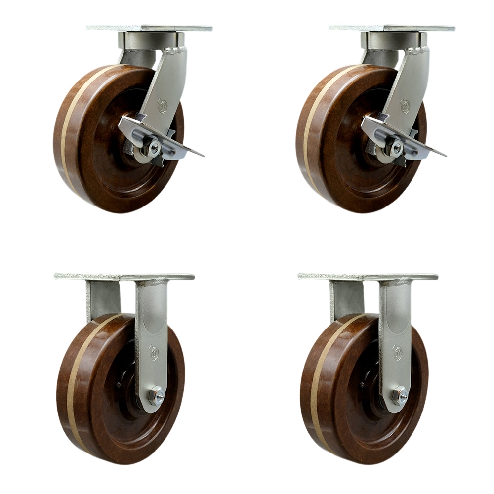 Extra Heavy Duty 12”x3” High Temp Phenolic Swivel Caster Set for Cranes,Gantries,Hoists,and Winches-2 Swivel with Side Lock Brakes and 2 Rigid Casters-3,500lbs Per Caster-Set of 4-Service Caster Brand — photo 1