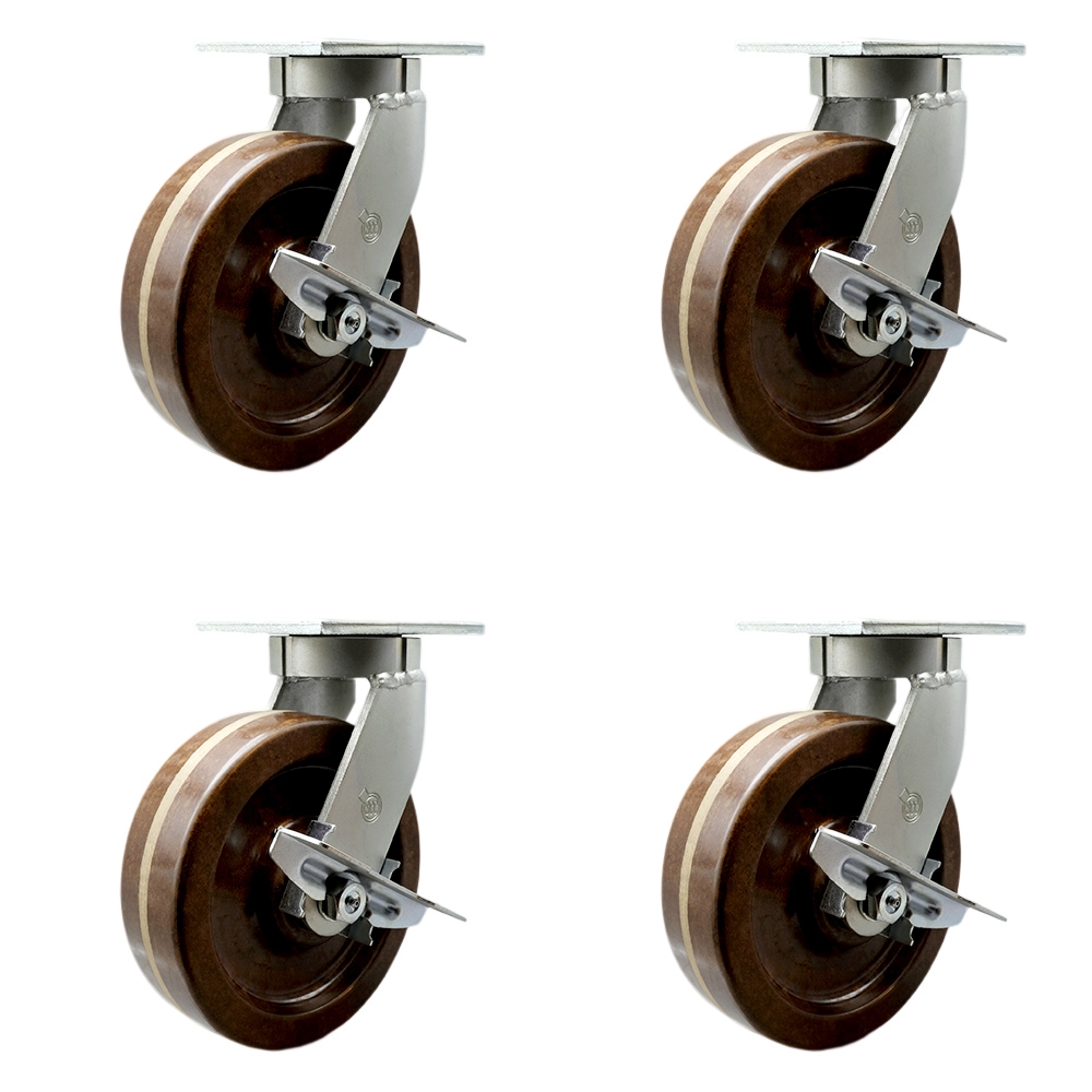 Extra Heavy Duty 12” x 3” High Temp Phenolic Swivel Caster Set for Cranes, Gantries, Hoists, and Winches - 4 Swivel Casters with Side Lock Brakes-3,500 lbs Per Caster – Set of 4 - Service Caster Brand — photo 1