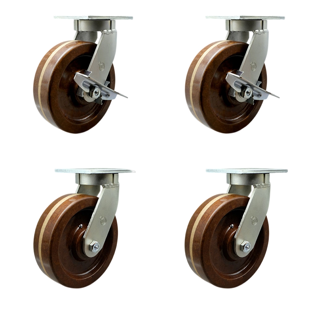 Extra Heavy Duty 12” x 3” High Temp Swivel Caster Set for Cranes, Gantries, Hoists, and Winches - 2 with Brake and Swivel Lock/2 with Swivel Lock - 3,500 lbs Per Caster -Set of 4-Service Caster Brand — photo 1