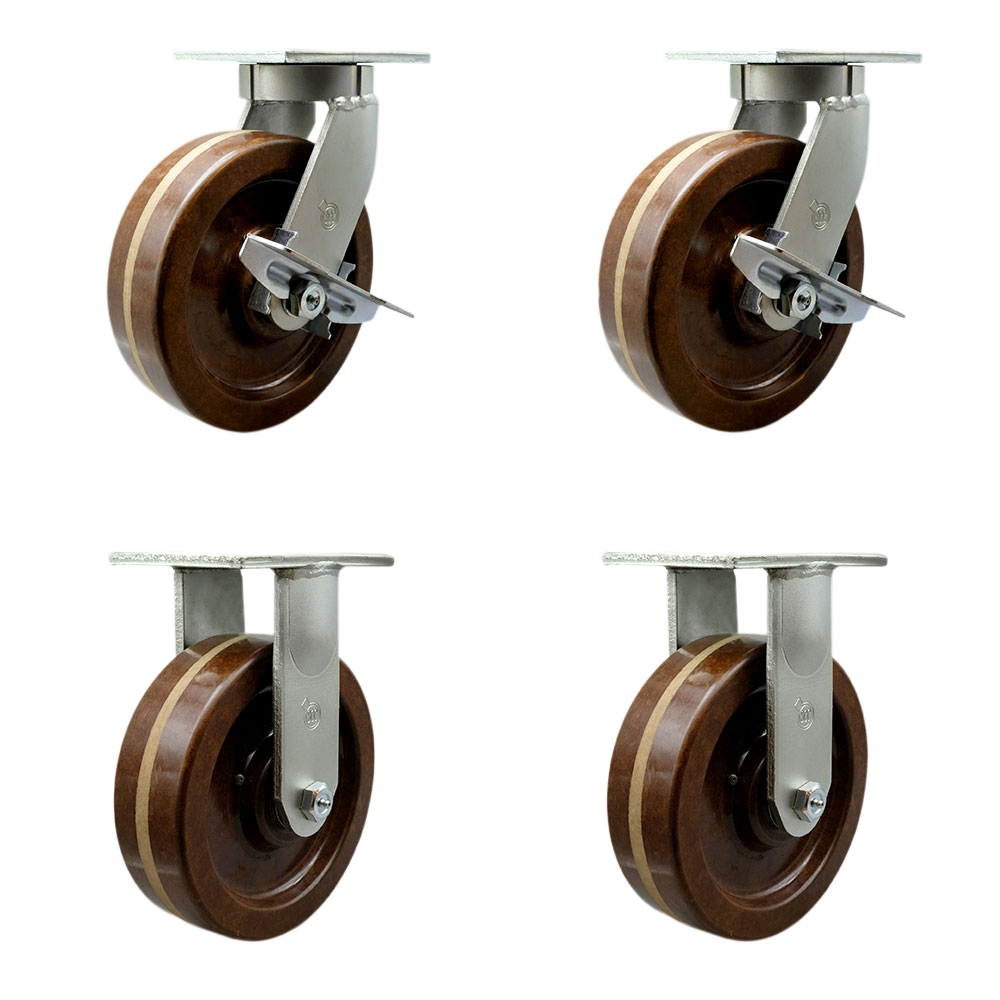 Extra Heavy Duty 12” x 3” High Temp Swivel Caster Set for Cranes, Gantries, Hoists, and Winches - 2 with Brake and Swivel Lock/2 Rigid - 3,500 lbs Per Caster -Set of 4-Service Caster Brand — photo 1
