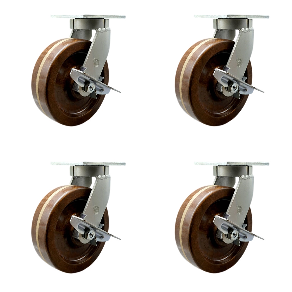 Extra Heavy Duty 12” x 3” High Temp Swivel Caster Set for Cranes, Gantries, Hoists, and Winches - 2 with Brake and Swivel Lock/2 with Brake - 3,500 lbs Per Caster -Set of 4-Service Caster Brand — photo 1