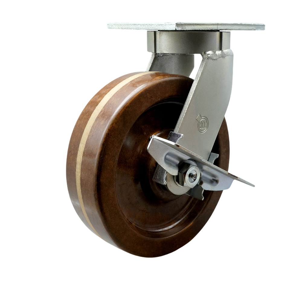 Extra Heavy Duty Kingpinless 12” x 3” High Temperature Phenolic Swivel Caster with Side Lock Brake for Cranes, Gantries, Hoists, and Winches - 3,500 lbs Per Caster - Service Caster Brand — photo 1
