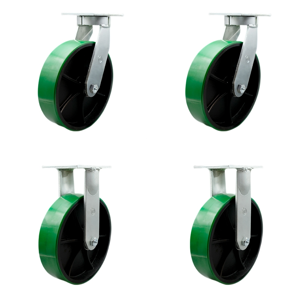 Extra Heavy Duty Kingpinless 12”x3” Green Poly on Cast Iron Swivel Caster Set for Cranes, Gantries, Hoists, and Winches-2 Swivel and 2 Rigid Casters-3,500lbs Per Caster-Set of 4-Service Caster Brand — photo 1