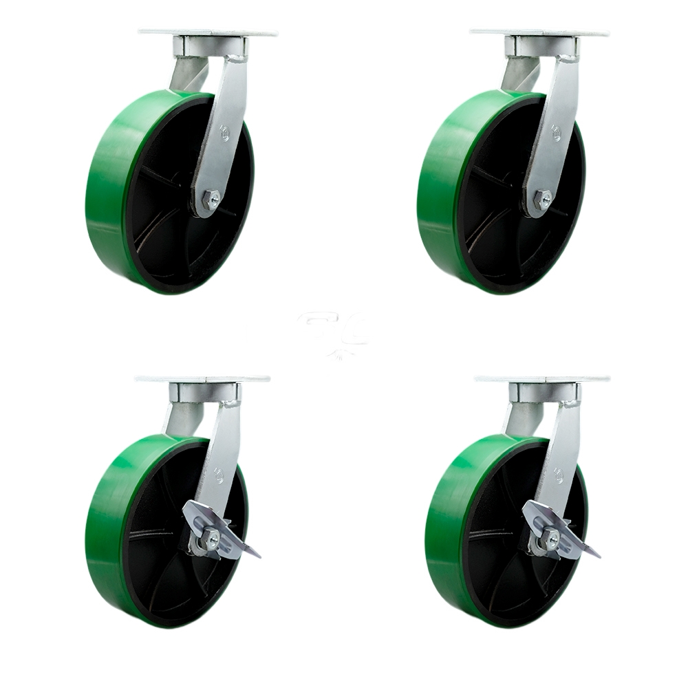 12 Inch Swivel Top Plate Caster Set Extra Heavy Duty Casters with Green Polyurethane on Cast Iron Wheels - Includes 2 Swivel with Brakes and 2 Swivel-Casters Set of 4 Heavy Duty - Service Caster Brand — photo 1