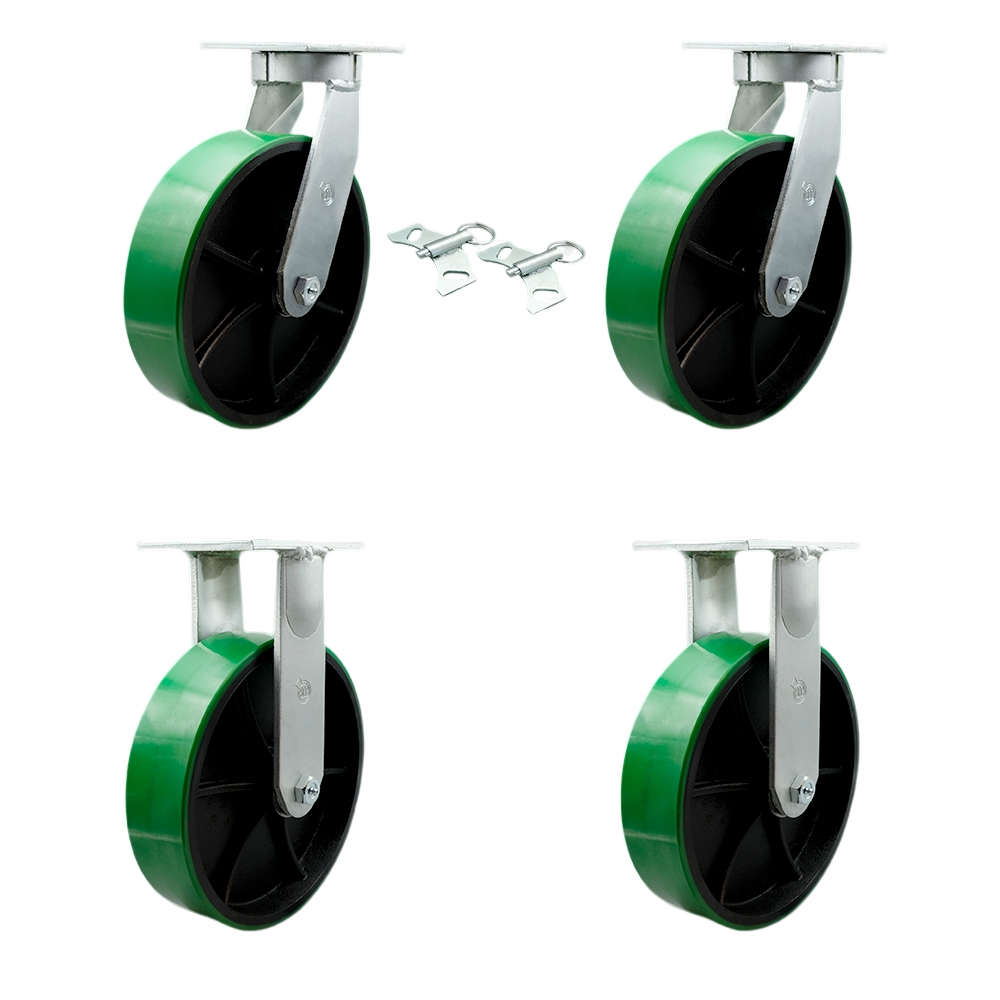 12 Inch Swivel Top Plate Caster Set Extra Heavy Duty Casters with Green Poly on Cast Iron Wheels-Include 2 Swivel with Bolt on Swivel Locks and 2 Rigid-Casters Set of 4 Heavy Duty-Service Caster Brand — photo 1
