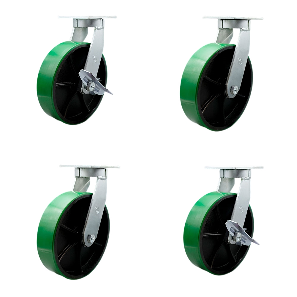 12 Inch Swivel Top Plate Caster Set Extra Heavy Duty Casters with Green Poly on Cast Iron Wheels - Includes 2 Swivel with Bolt on Swivel Locks and 2 Swivel with Brakes -Set of 4 - Service Caster Brand — photo 1