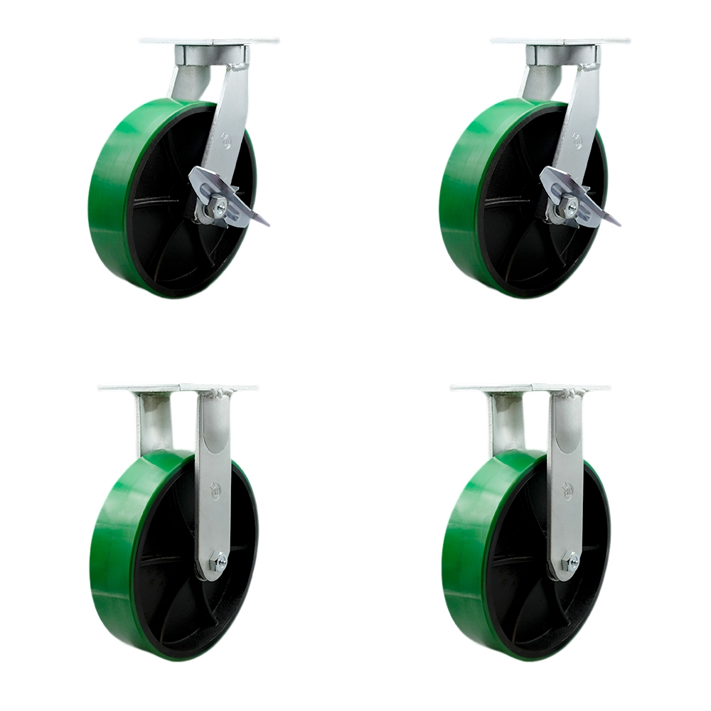 Extra Heavy Duty 12”x3” Green Poly on Cast Iron Swivel Caster Set for Cranes, Gantries, Hoists, and Winches-2 Swivel with Side Lock Brakes and 2 Rigid-3,500lbs Per Caster-Set of 4-Service Caster Brand — photo 1