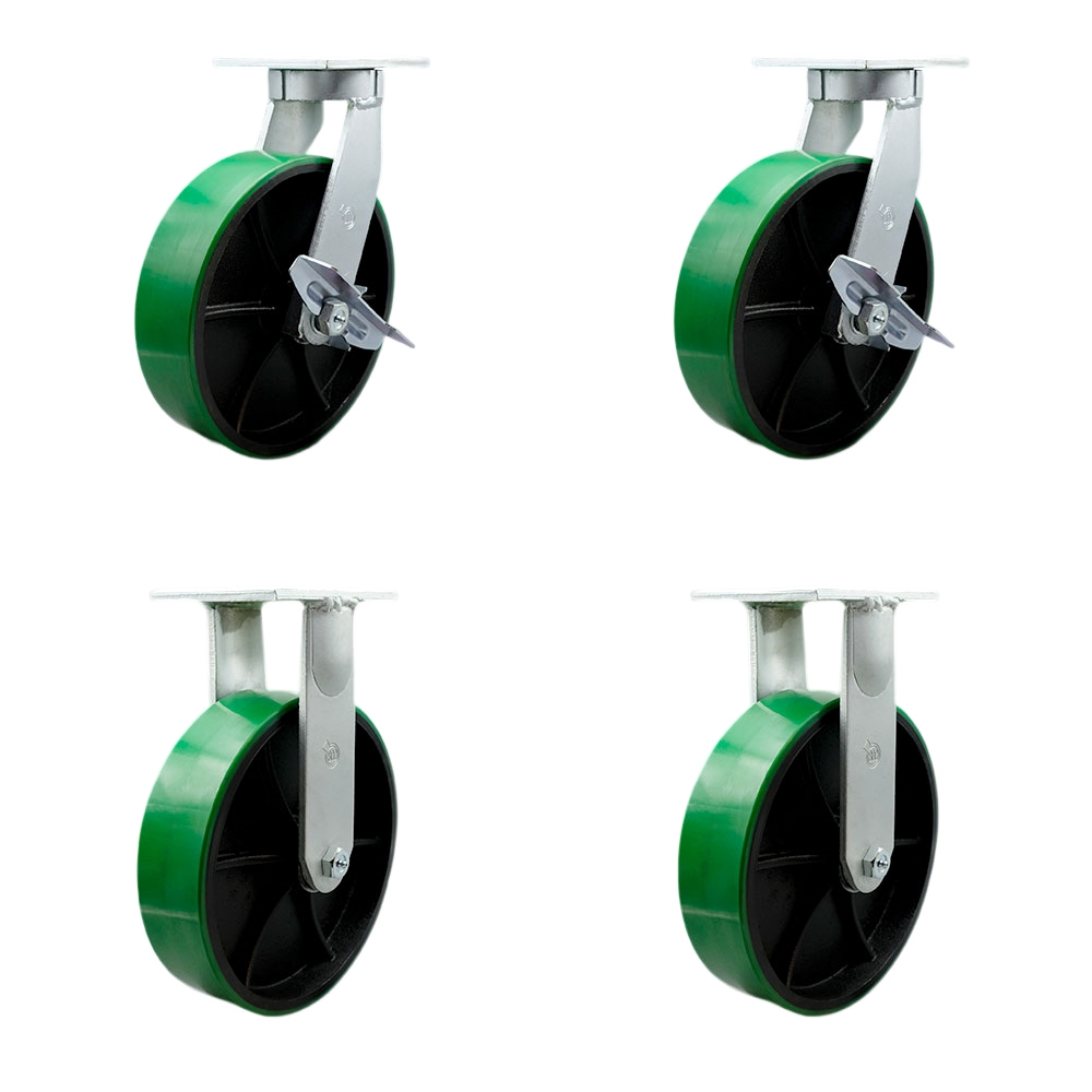 Extra Heavy Duty 12” x 3” Green Poly on Cast Iron Swivel Caster Set for Cranes, Gantries, Hoists, and Winches - 2 with Brake and Swivel Lock/2 Rigid-3,500 lbs Per Caster-Set of 4- Service Caster Brand — photo 1