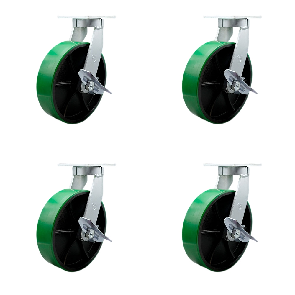 12 Inch Swivel Top Plate Caster Set Extra Heavy Duty Casters with Green Poly on Cast Iron Wheels -Includes 2 Swivel with Brakes and Bolt on Swivel Locks and 2 Swivel with Brakes - Service Caster Brand — photo 1