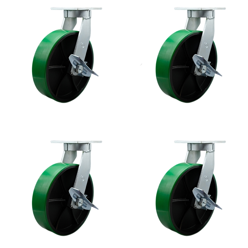 12 Inch Swivel Top Plate Caster Set Extra Heavy Duty Casters with Green Polyurethane on Cast Iron Wheels-Includes 4 Swivel with Top Lock Brakes and Bolt on Swivel Locks-Set of 4 - Service Caster Brand — photo 1