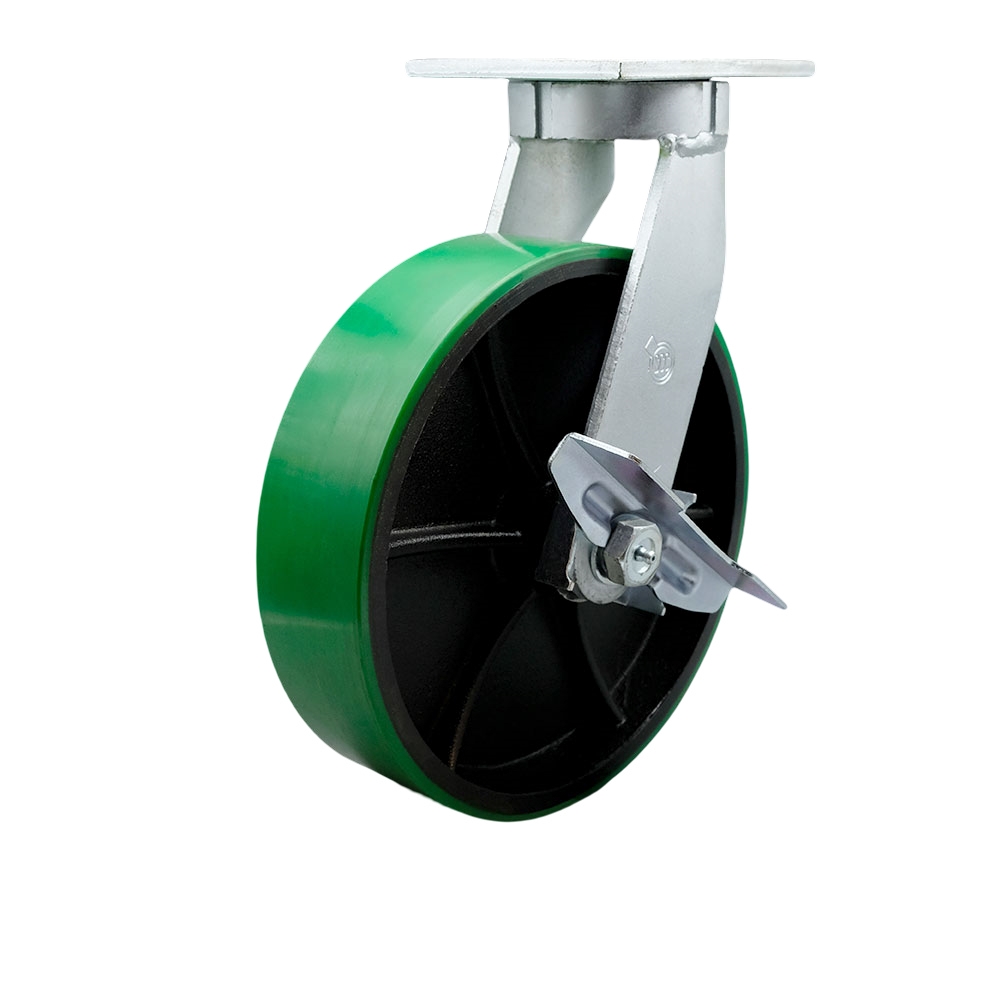 Extra Heavy Duty Kingpinless 12” x 3” Green Polyurethane on Cast Iron Swivel Caster with Side Lock Brake for Cranes, Gantries, Hoists, and Winches – 3,500 lbs Per Caster - Service Caster Brand — photo 1