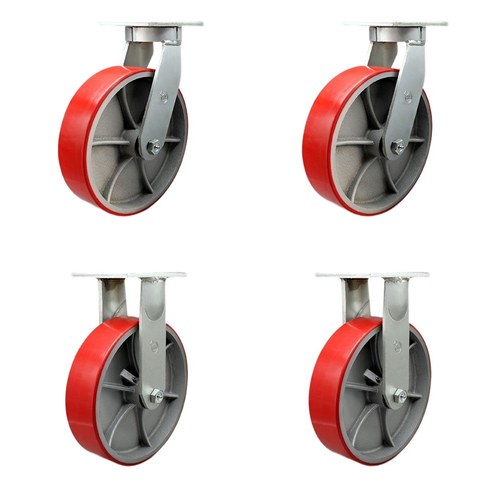 Extra Heavy Duty Kingpinless 12”x3” Red Poly on Cast Iron Swivel Caster Set for Cranes, Gantries, Hoists, and Winches-2 Swivel and 2 Rigid Casters-3,500lbs Per Caster-Set of 4-Service Caster Brand — photo 1