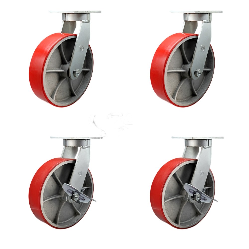Extra Heavy Duty 12” x 3” Red Poly on Cast Iron Swivel Caster Set for Cranes, Gantries, Hoists, and Winches - 4 Swivel with 2 Side Lock Brakes -3,500 lbs Per Caster–Set of 4 - Service Caster Brand — photo 1