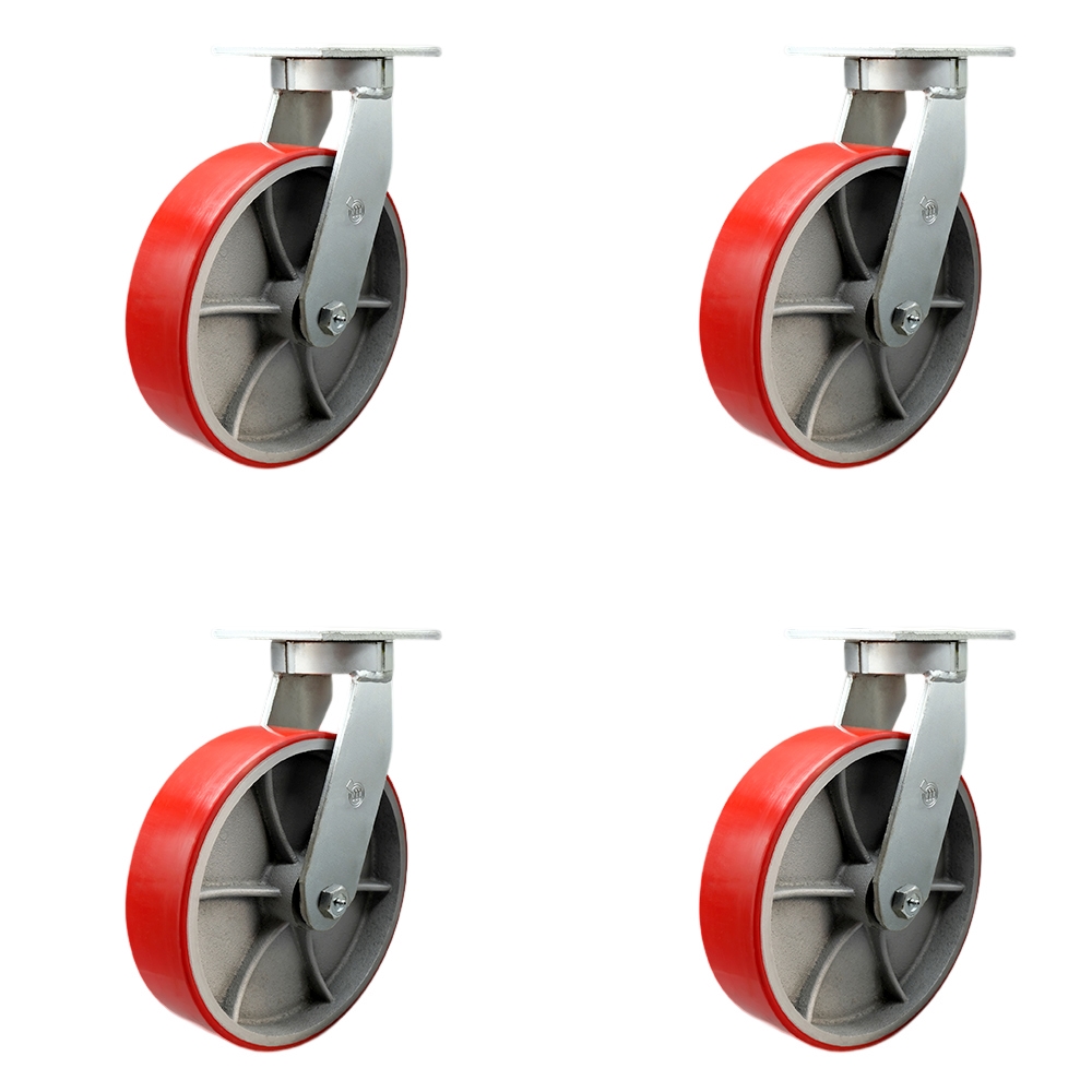 Extra Heavy Duty 12” x 3” Red Polyurethane on Cast Iron Swivel Caster Set for Cranes, Gantries, Hoists, and Winches - 4 Swivel Casters – 3,500 lbs Per Caster – Set of 4 - Service Caster Brand — photo 1