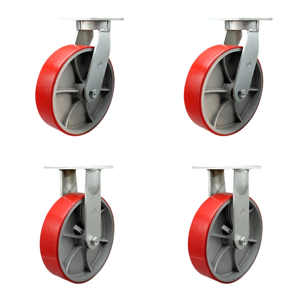 12 Inch Swivel Top Plate Caster Set Extra Heavy Duty Casters with Red Poly on Cast Iron Wheels-Include 2 Swivel with Bolt on Swivel Locks and 2 Rigid-Casters Set of 4 Heavy Duty-Service Caster Brand — photo 1