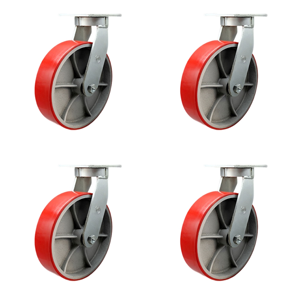 12 Inch Swivel Top Plate Caster Set Extra Heavy Duty Casters with Red Polyurethane on Cast Iron Wheels-Includes 4 Swivel with 2 Bolt on Swivel Locks-Casters Set of 4 Heavy Duty- Service Caster Brand — photo 1