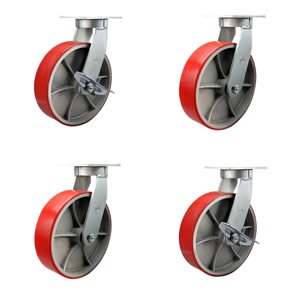 12 Inch Swivel Top Plate Caster Set Extra Heavy Duty Casters with Red Poly on Cast Iron Wheels - Includes 2 Swivel with Bolt on Swivel Locks and 2 Swivel with Brakes -Set of 4 - Service Caster Brand — photo 1