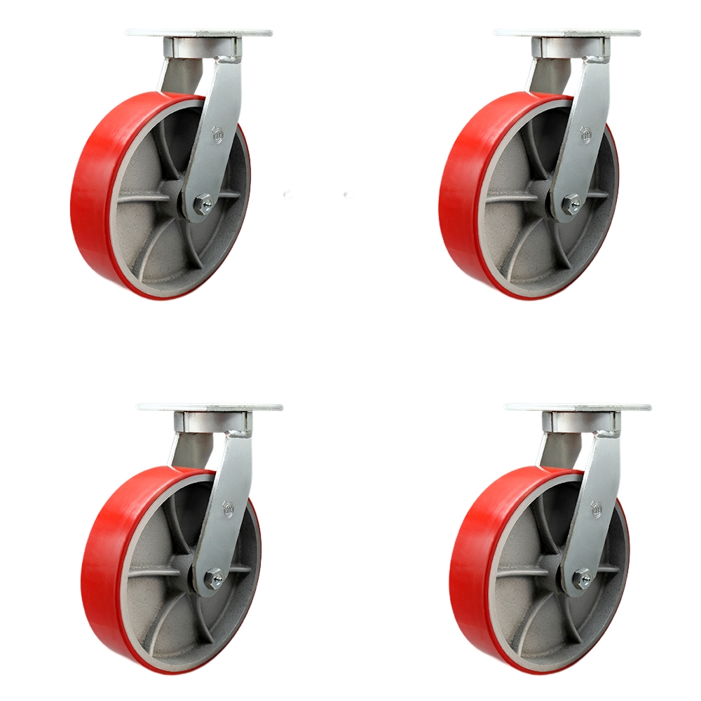 Extra Heavy Duty 12” x 3” Red Poly on Cast Iron Swivel Caster Set for Cranes, Gantries, Hoists, and Winches - 4 Swivel Casters with Bolt-On Locks -3,500 lbs Per Caster-Set of 4- Service Caster Brand — photo 1