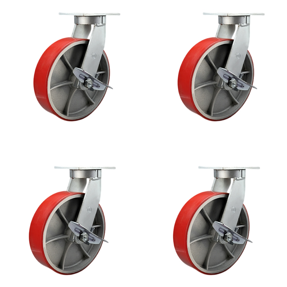 Extra Heavy Duty 12” x 3” Red Poly on Cast Iron Swivel Caster Set for Cranes, Gantries, Hoists, and Winches-4 Swivel Casters with Side Lock Brakes-3,500 lbs Per Caster-Set of 4- Service Caster Brand — photo 1