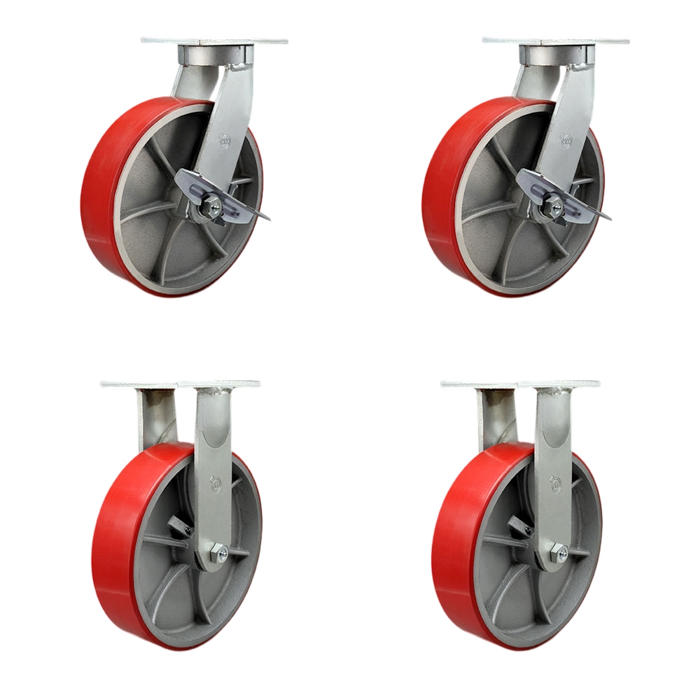 12 Inch Swivel Top Plate Caster Set Extra Heavy Duty Casters with Red Poly on Cast Iron Wheel-Include 2 Swivel w/Brake and Bolt on Swivel Lock and 2 Swivel w/Bolt on Swivel Lock-Service Caster Brand — photo 1