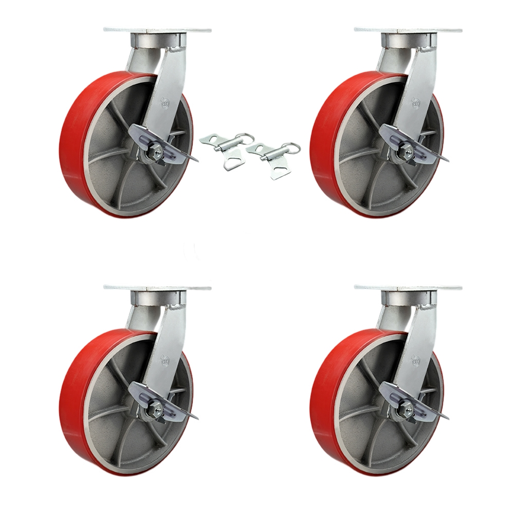 12 Inch Swivel Top Plate Caster Set Extra Heavy Duty Casters with Red Poly on Cast Iron Wheels -Includes 2 Swivel with Brakes and Bolt on Swivel Locks and 2 Swivel with Brakes - Service Caster Brand — photo 1