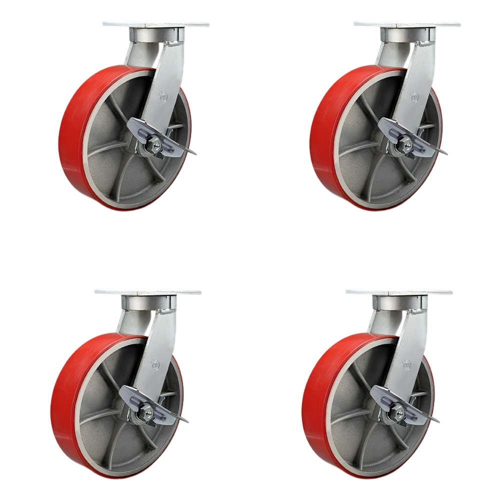 Extra Heavy Duty 12” x 3” Red Poly on Cast Iron Swivel Caster Set for Cranes, Gantries, Hoists, and Winches-4 Swivel with Brakes and Bolt-On Locks-3,500 lbs Per Caster-Set of 4- Service Caster Brand — photo 1