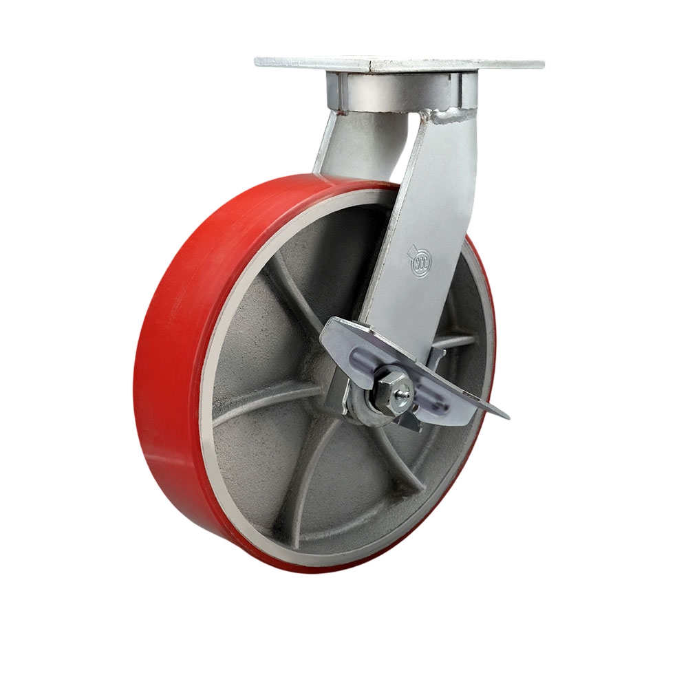 12 Inch Swivel Top Plate Extra Heavy Duty Caster with Red Polyurethane on Cast Iron Wheel and Brake and Bolt on Swivel Lock - Heavy Duty Caster Wheel-3,500 lbs. Capacity/Caster- Service Caster Brand — photo 1