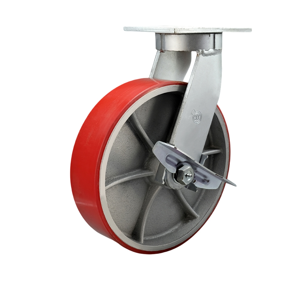 Extra Heavy Duty Kingpinless 12” x 3” Red Polyurethane on Cast Iron Swivel Caster with Side Lock Brake for Cranes, Gantries, Hoists, and Winches – 3,500 lbs Per Caster - Service Caster Brand — photo 1
