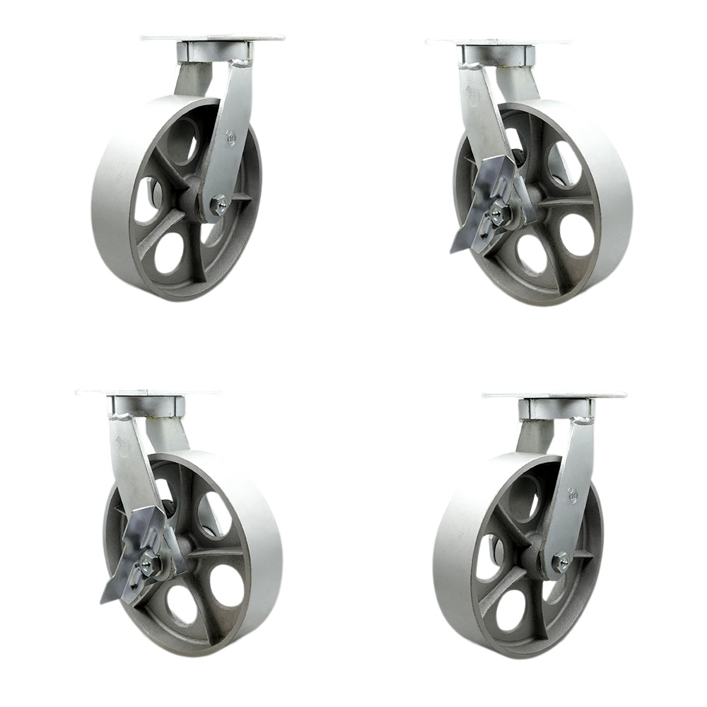 Extra Heavy Duty 12”x3” Semi Steel Cast Iron Swivel Caster Set for Cranes,Gantries,Hoists,and Winches-2 with Swivel Locks and 2 with Side Lock Brakes- 2,500lbs Per Caster- Set 4 - Service Caster Brand — photo 1